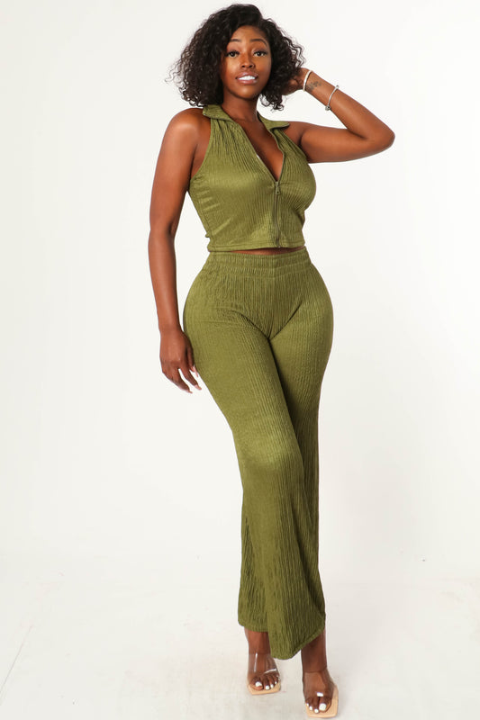 TEXTURE ZIP UP SLEEVELESS CROP TOP AND PANT SET