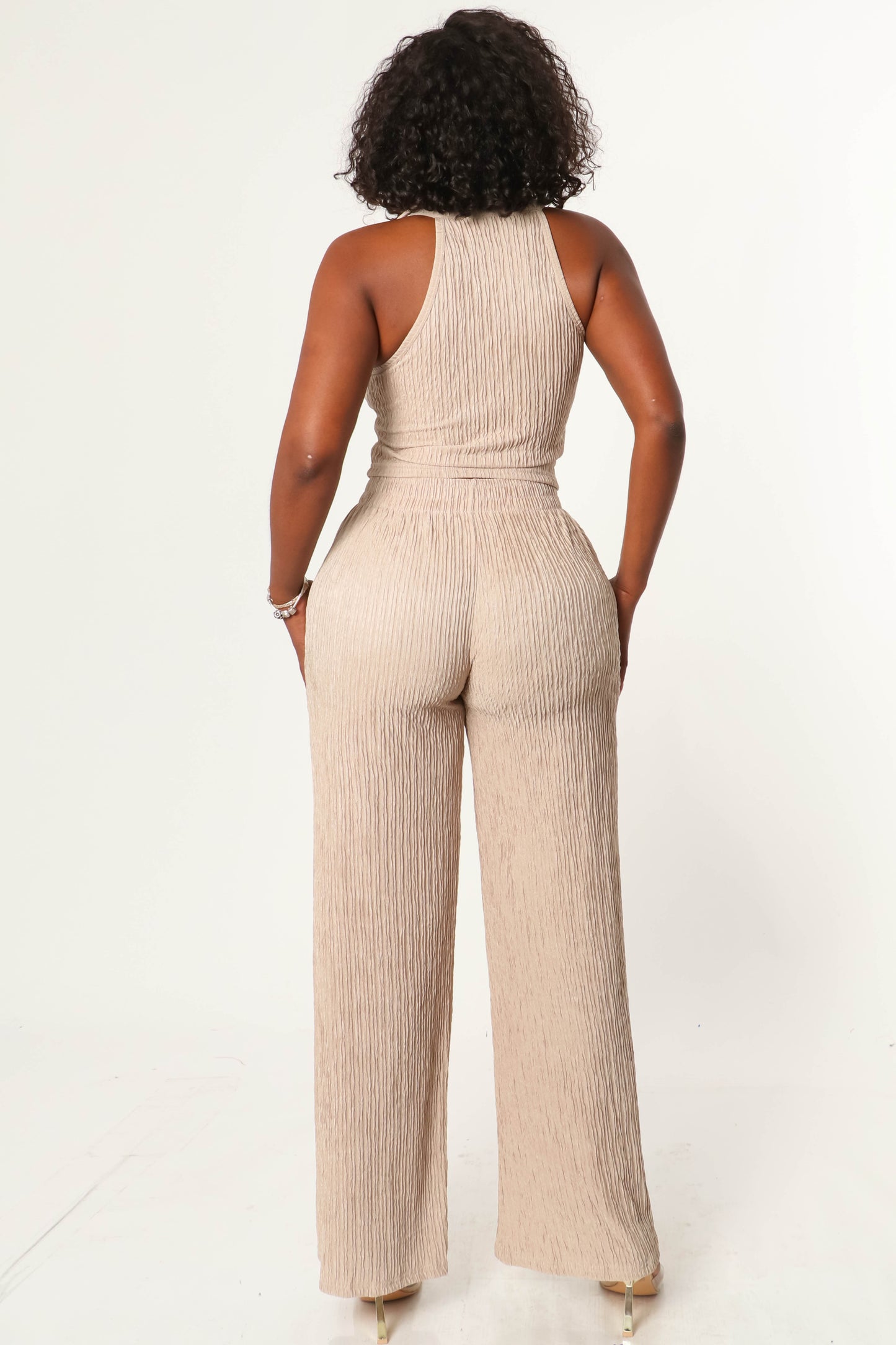TEXTURE ZIP UP SLEEVELESS CROP TOP AND PANT SET