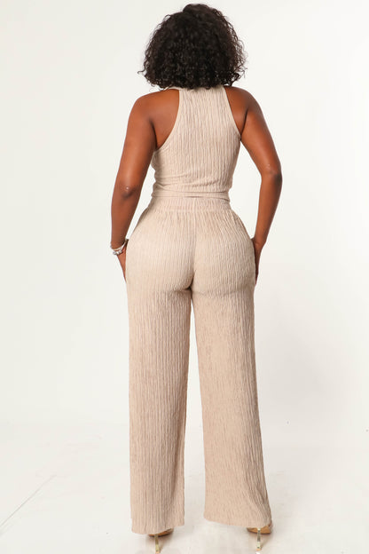 TEXTURE ZIP UP SLEEVELESS CROP TOP AND PANT SET
