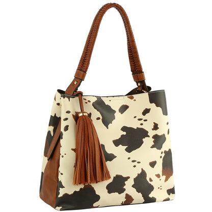 SMOOTH ANIMAL PRINT TASSEL HOBO BAG