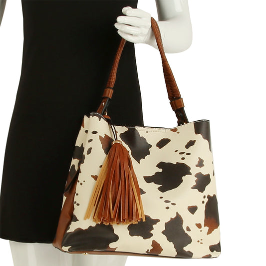 SMOOTH ANIMAL PRINT TASSEL HOBO BAG