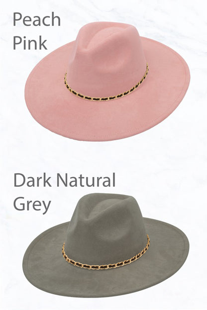 Suede Peach Top Fedora, Gold Chain Black Strap