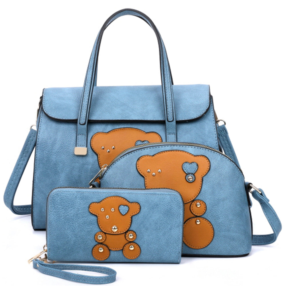BEAR SATCHEL BAG W CROSSBODY AND WALLET SET