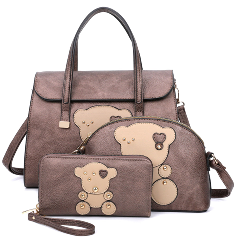BEAR SATCHEL BAG W CROSSBODY AND WALLET SET