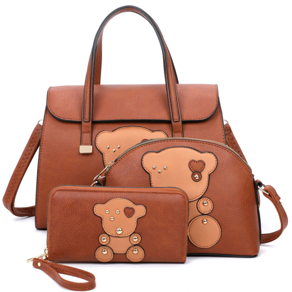 BEAR SATCHEL BAG W CROSSBODY AND WALLET SET