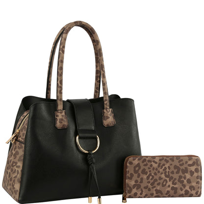 STYLISH ANIMAL PRINT TEXTURE SATCHEL W MATCHING WALLET SET