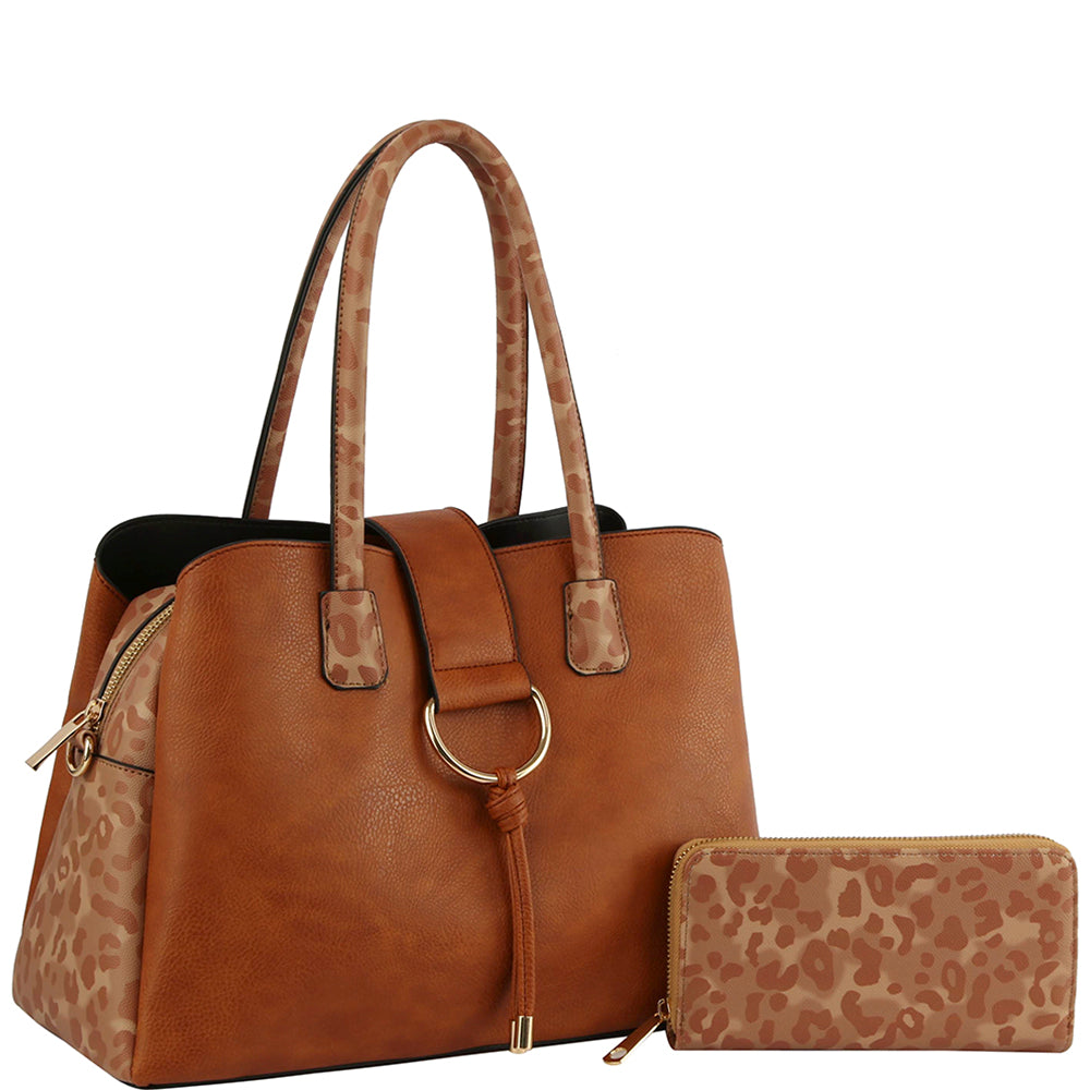 STYLISH ANIMAL PRINT TEXTURE SATCHEL W MATCHING WALLET SET