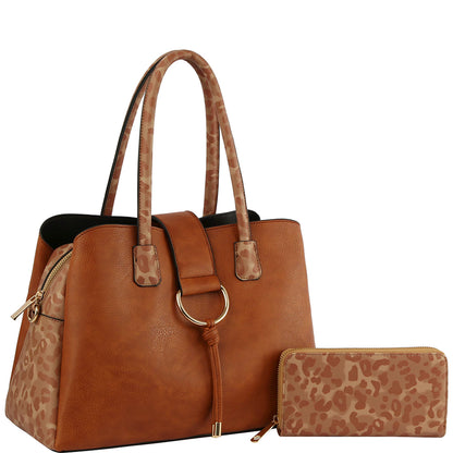 STYLISH ANIMAL PRINT TEXTURE SATCHEL W MATCHING WALLET SET