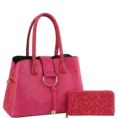 STYLISH ANIMAL PRINT TEXTURE SATCHEL W MATCHING WALLET SET