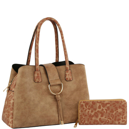 STYLISH ANIMAL PRINT TEXTURE SATCHEL W MATCHING WALLET SET