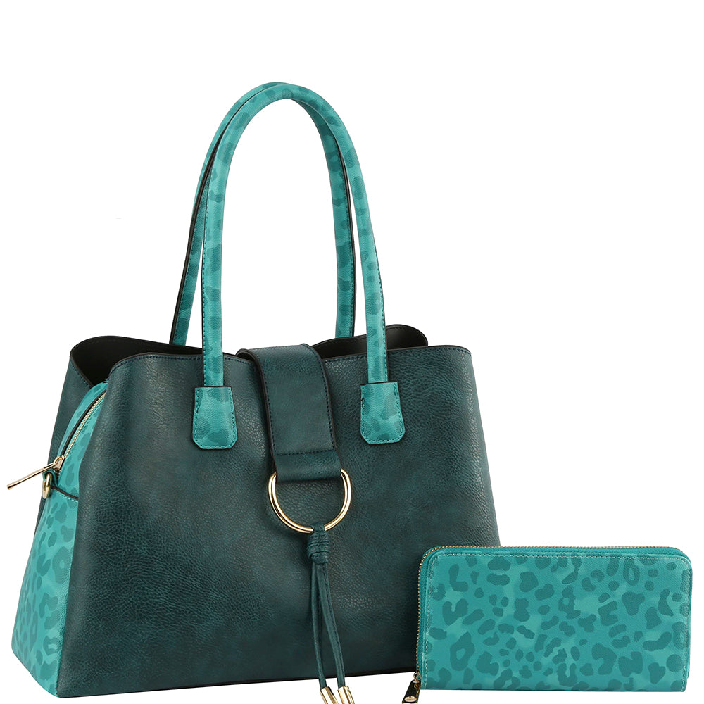 STYLISH ANIMAL PRINT TEXTURE SATCHEL W MATCHING WALLET SET