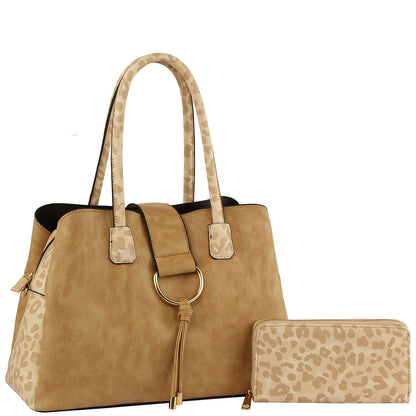 STYLISH ANIMAL PRINT TEXTURE SATCHEL W MATCHING WALLET SET