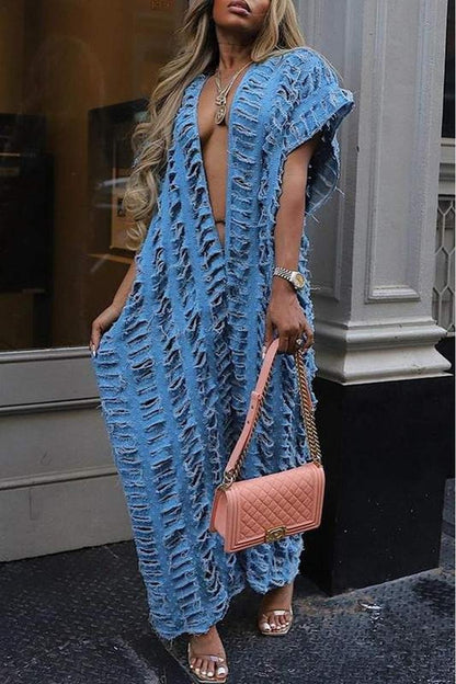 RIPPED LOOSE FIT DENIM JUMPSUIT