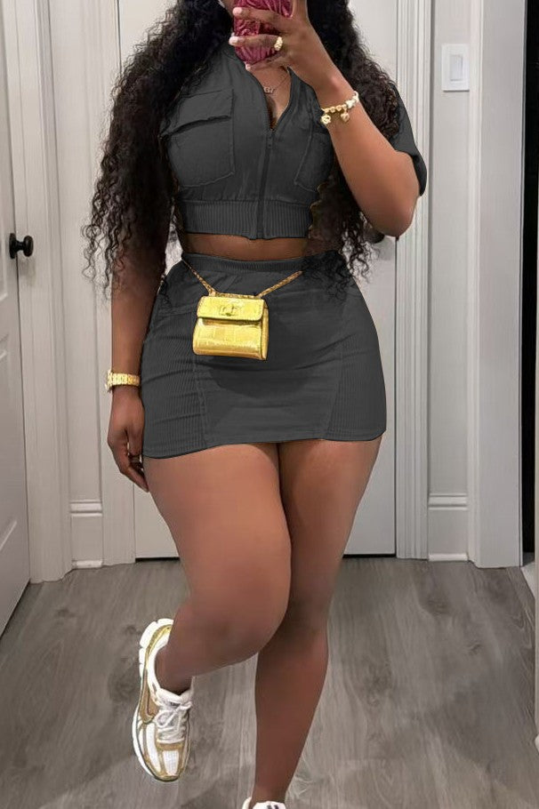 Washed Pocket Top and Skirt 2-piece Set