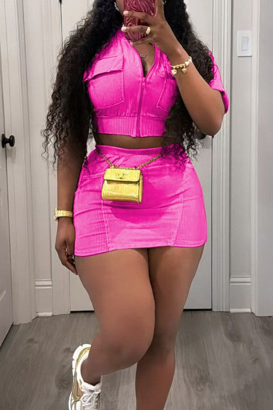 Washed Pocket Top and Skirt 2-piece Set