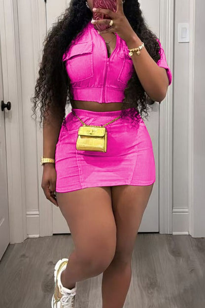 Washed Pocket Top and Skirt 2-piece Set