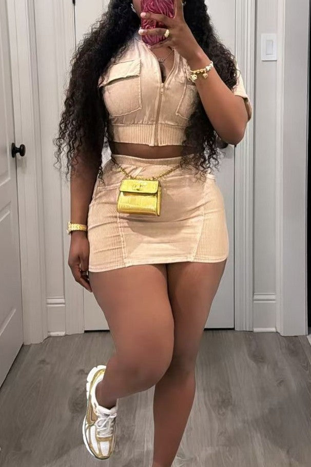 Washed Pocket Top and Skirt 2-piece Set