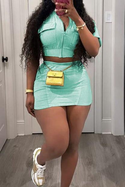 Washed Pocket Top and Skirt 2-piece Set