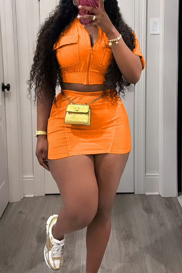 Washed Pocket Top and Skirt 2-piece Set