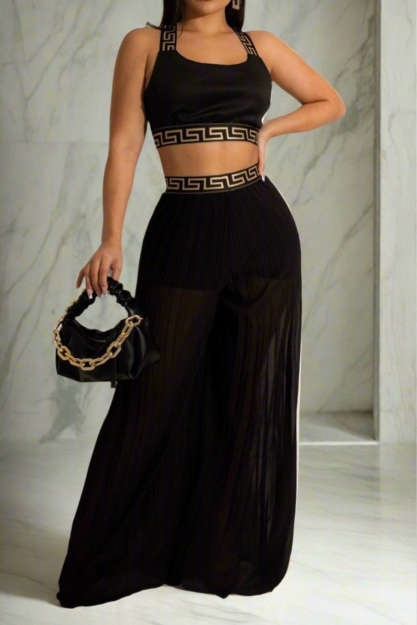 Cropped Tank Top & Pleated Wide Leg Pants Set
