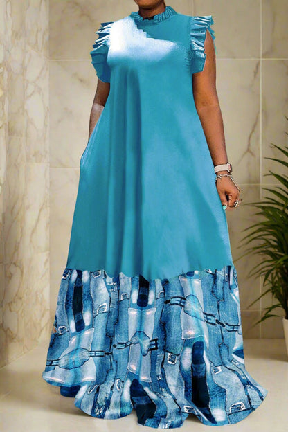 Patchwork Ruffles Sleeveless Printed Loose Dresses