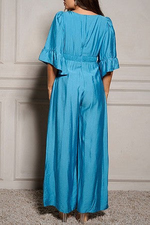 RUFFLE SLEEVE V-NECK DETAILED WIDE LEG JUMPSUIT