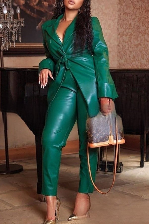 Plus-size Leather Belted Suit Set