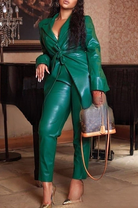 Plus-size Leather Belted Suit Set