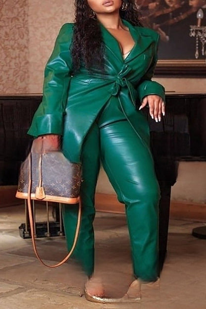 Plus-size Leather Belted Suit Set