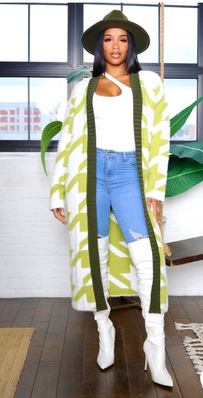 HOUNDTOOTH PATTERN LONG CARDIGAN