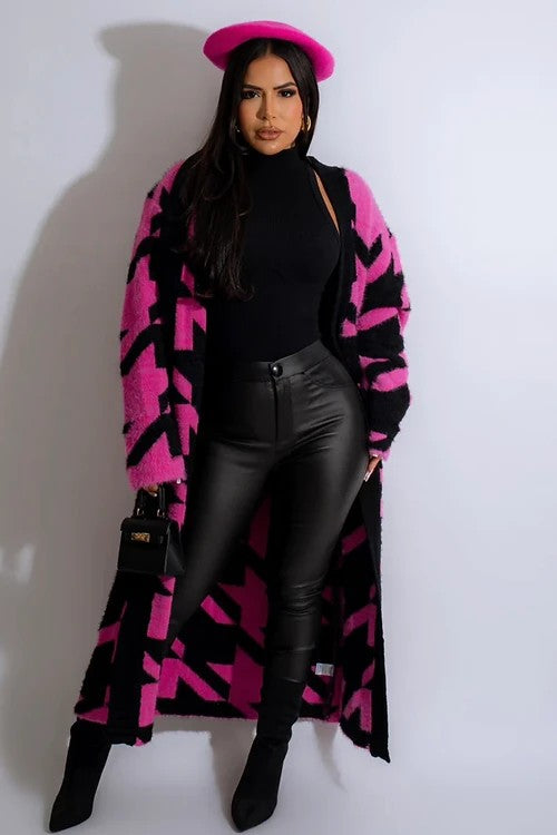 HOUNDTOOTH PATTERN LONG CARDIGAN