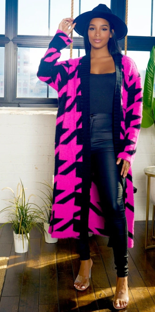HOUNDTOOTH PATTERN LONG CARDIGAN