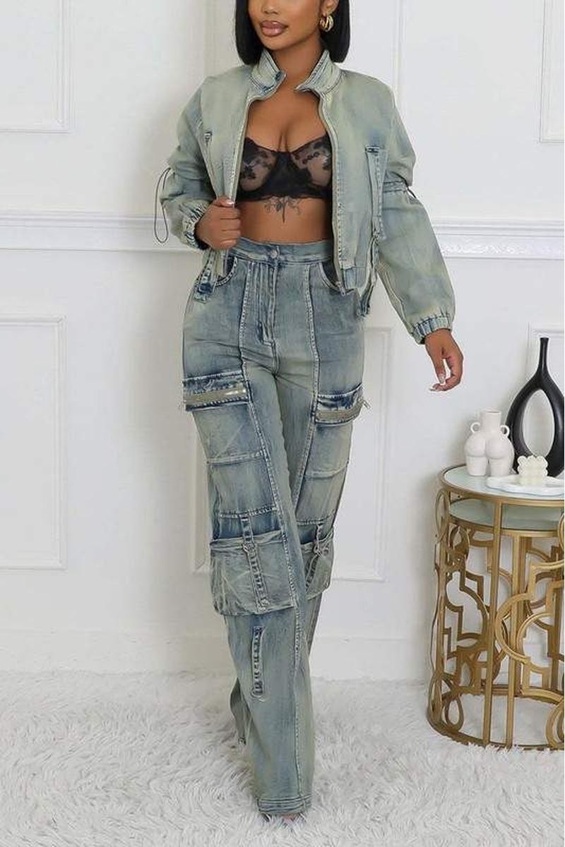 WASHED DENIM JACKETS CARGO PANT SETS