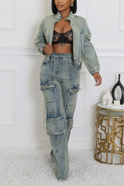 WASHED DENIM JACKETS CARGO PANT SETS