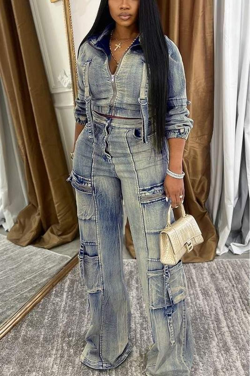 WASHED DENIM JACKETS CARGO PANT SETS