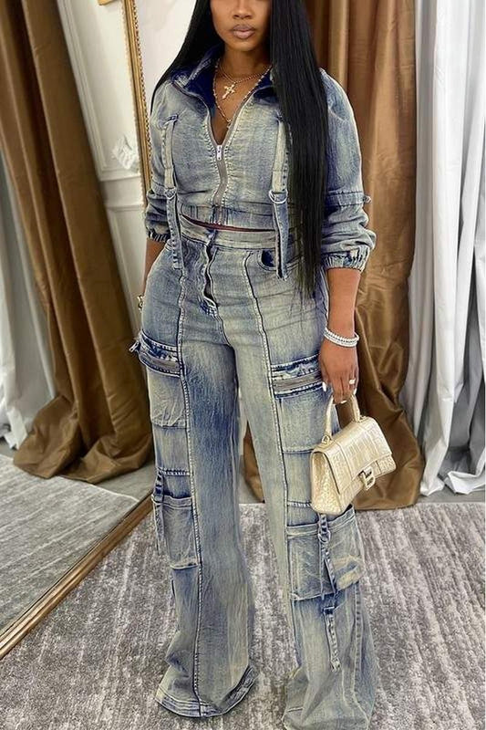 WASHED DENIM JACKETS CARGO PANT SETS