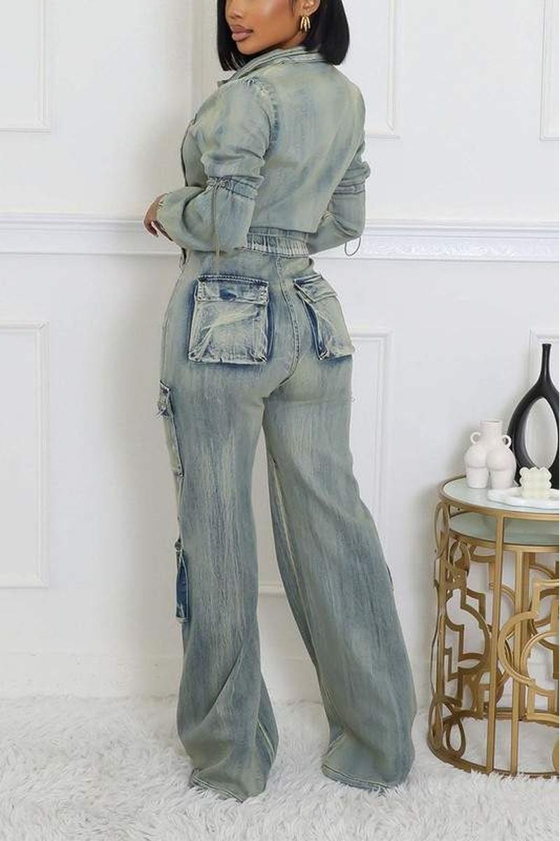 WASHED DENIM JACKETS CARGO PANT SETS