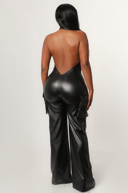 FAUX LEATHER HALTER NECK CARGO JUMPSUIT