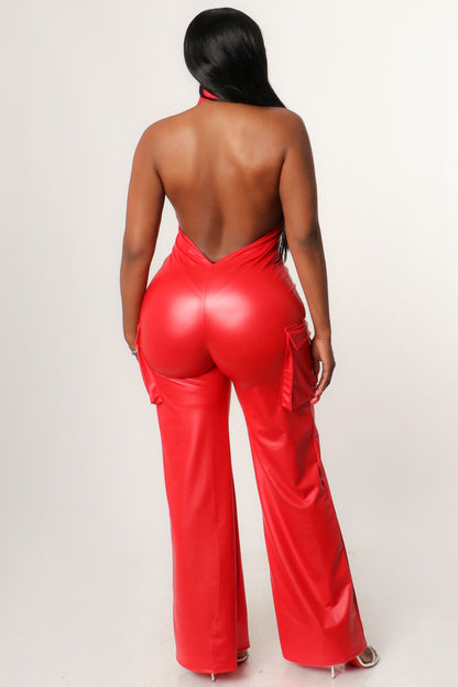 FAUX LEATHER HALTER NECK CARGO JUMPSUIT