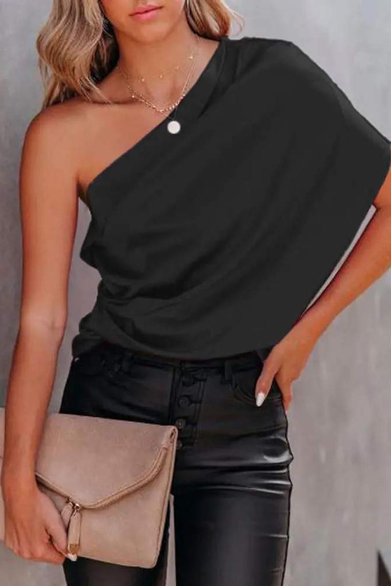 ONE SHOULDER DRAPED DETAIL SATIN TOP