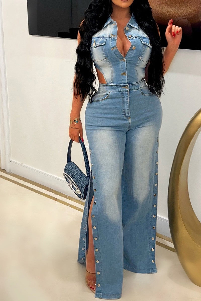 Stretch Straight Leg Denim Jumpsuit
