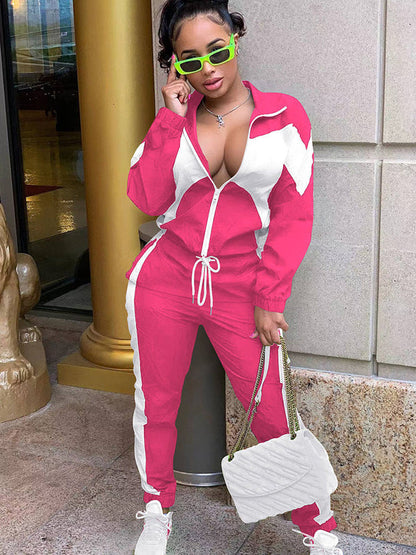 Two Piece Color Block Zip Up Tops & Long Pants