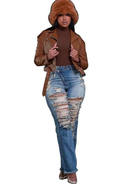 Midi Waist Ripped Slim Fit Denim Pants