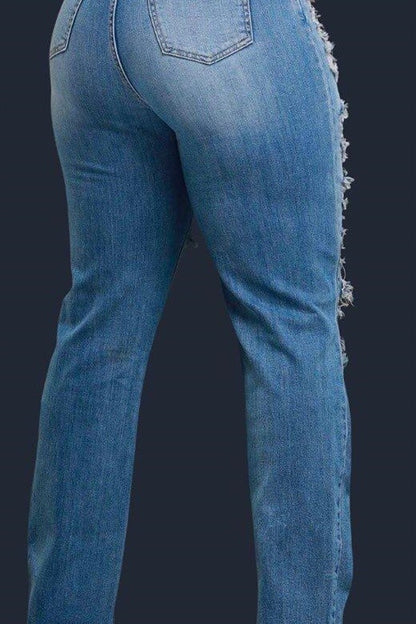Midi Waist Ripped Slim Fit Denim Pants