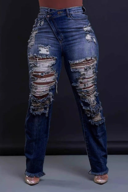 Midi Waist Ripped Slim Fit Denim Pants