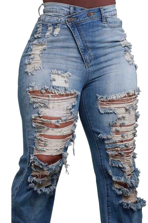 Midi Waist Ripped Slim Fit Denim Pants