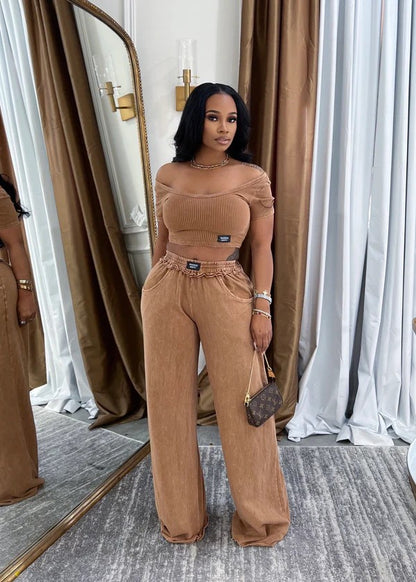 MINERAL WASHED CROP TOP AND JOGGER PANTS SET