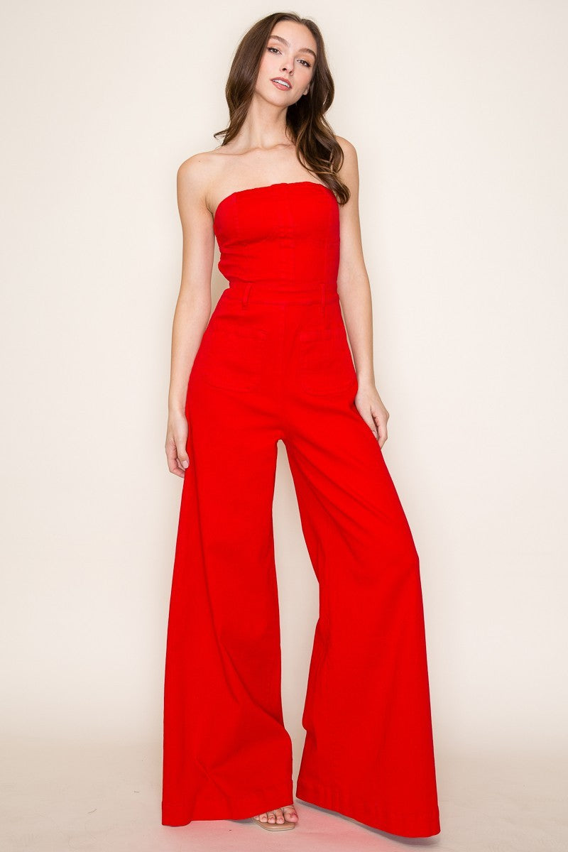 OFF SHOULDER WIDE LEG DENIM JUMPSUIT