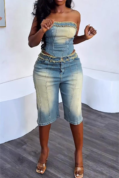 Denim Shorts with Strapless Top Set