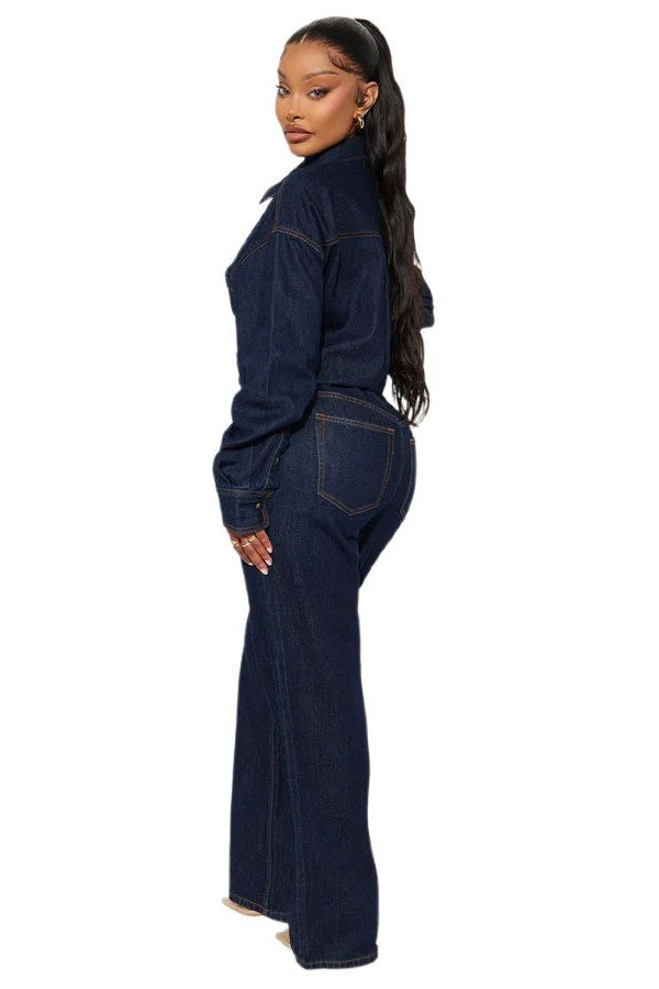 Women Fashion Denim Long Sleeves Jumpsuit